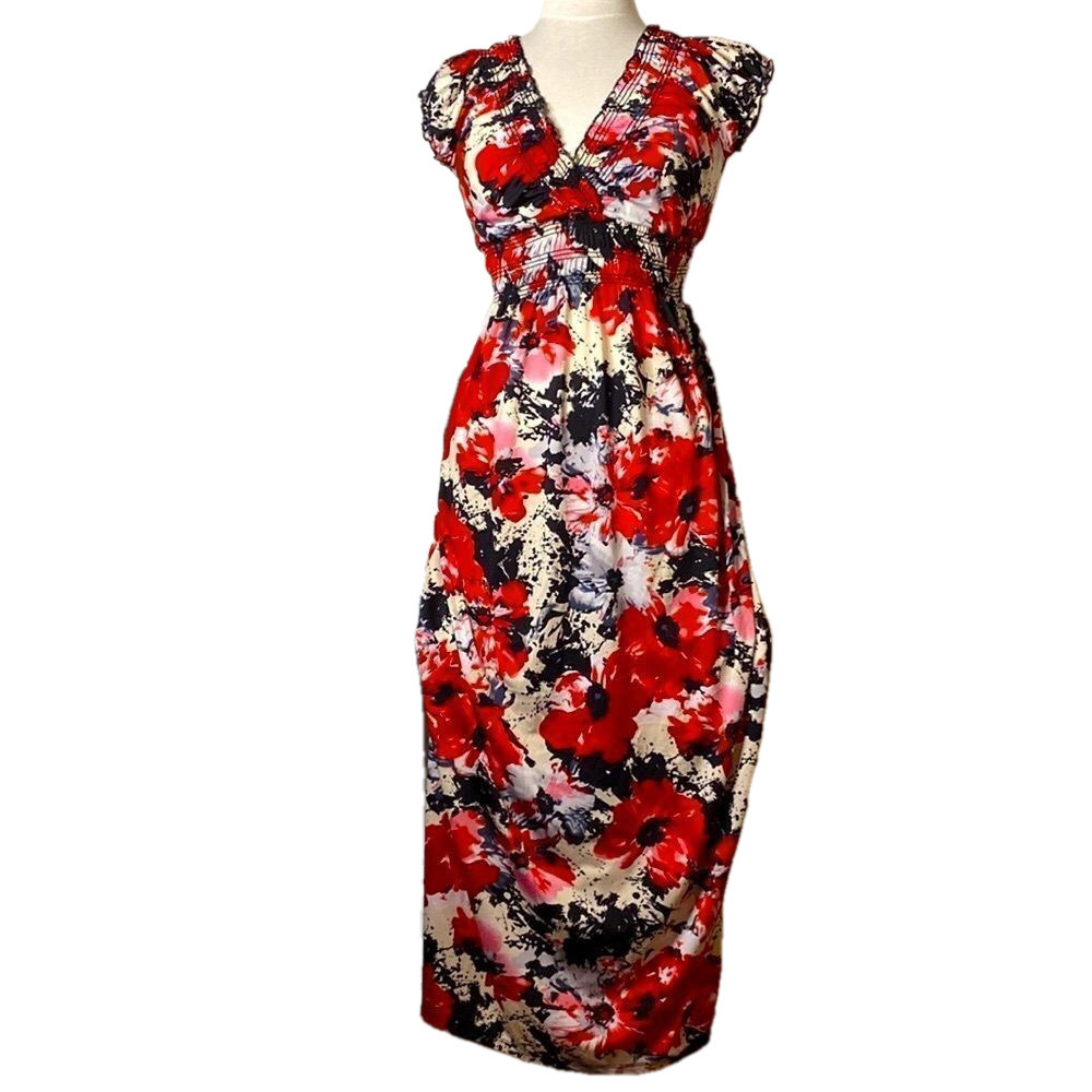 🌷 Impress🌷 Long Red, White, & Black Floral Print Maxi Dress - Picture 11 of 16